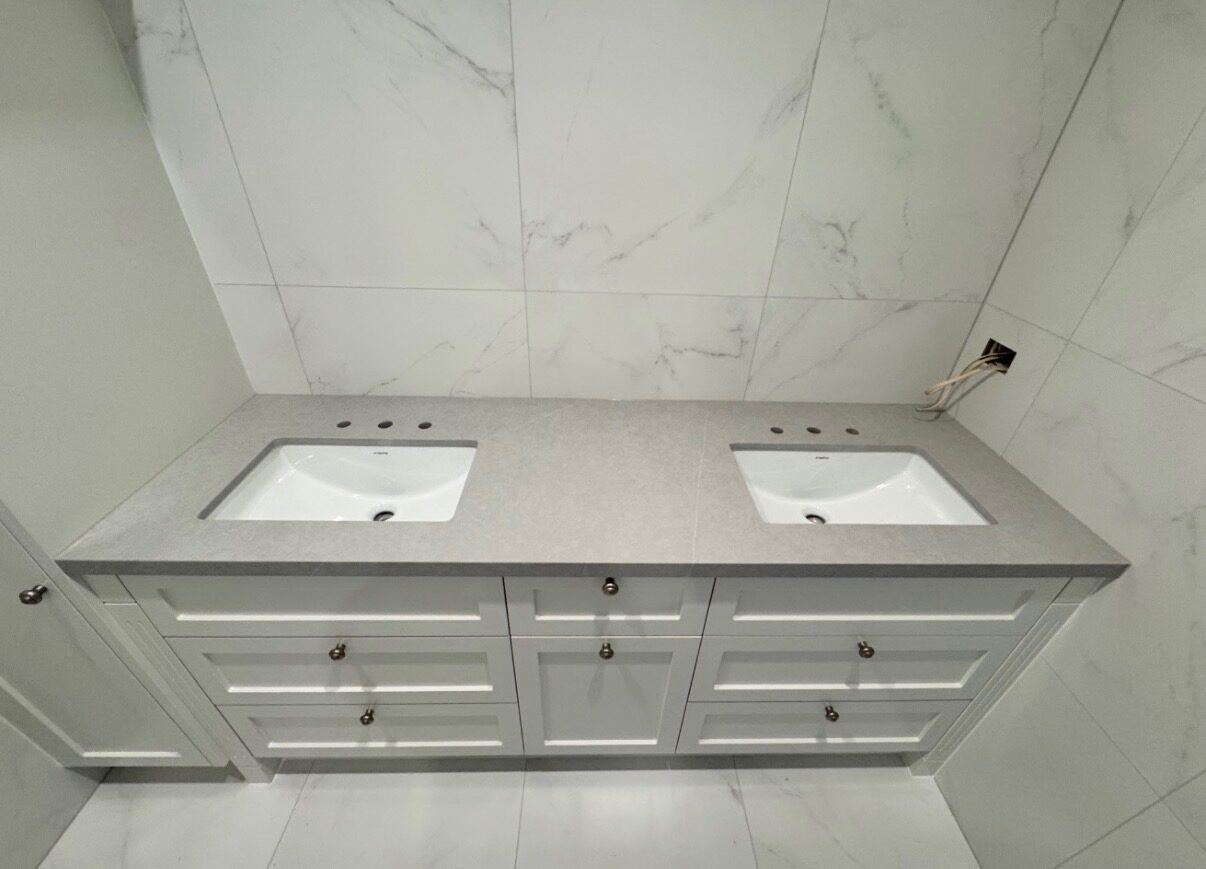 Bathroom double vanity with stone benchtop, Auckland