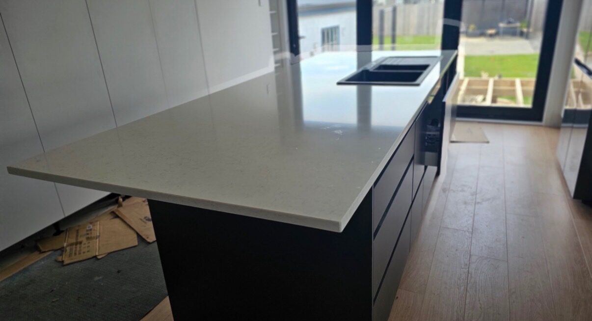 White stone waterfall island benchtop, Auckland