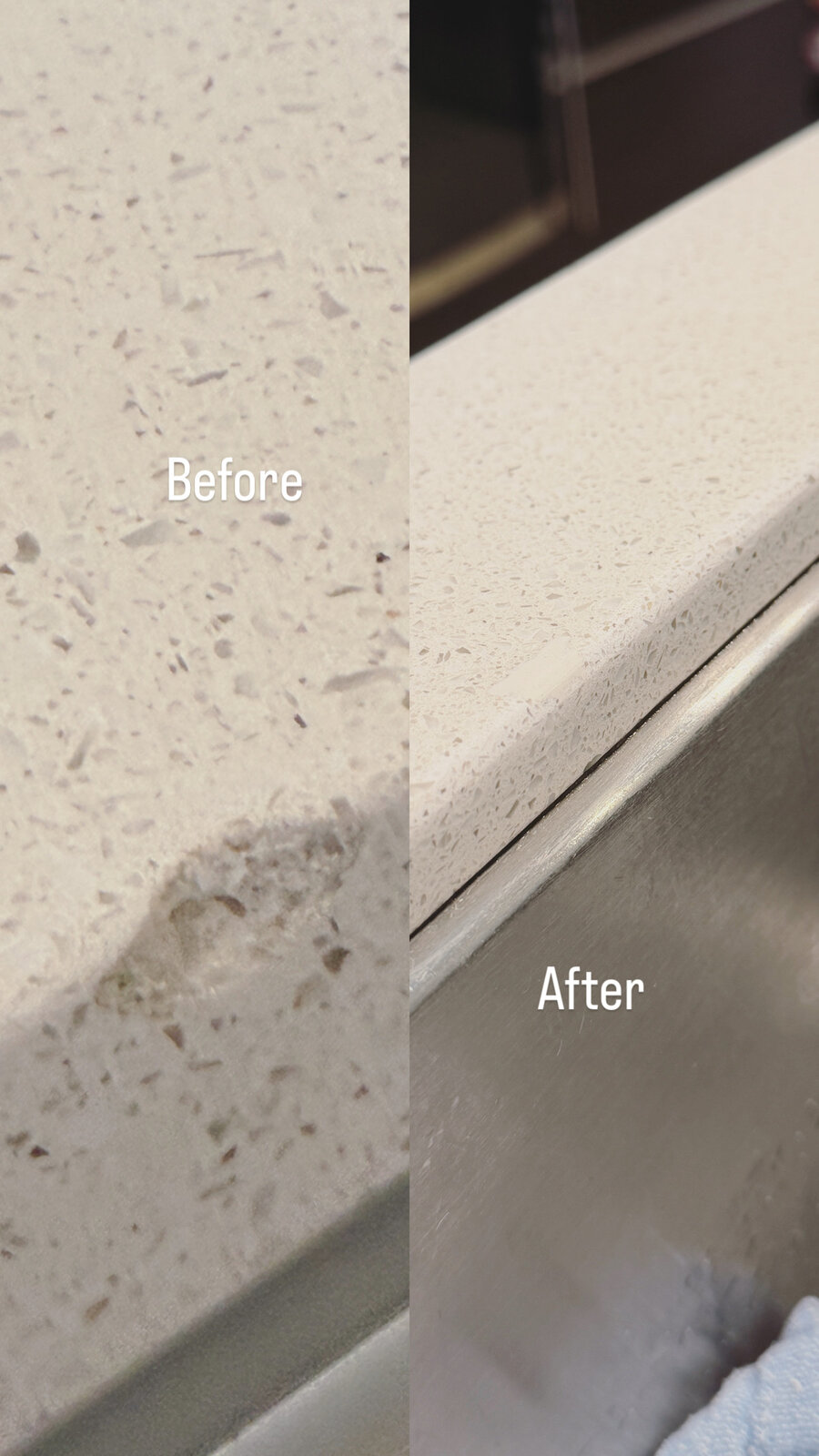 Stone benchtop edge chip repair, before and after, Auckland
