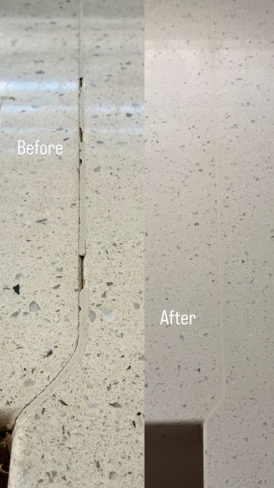 Real stone benchtop crack repair, before and after, Auckland
