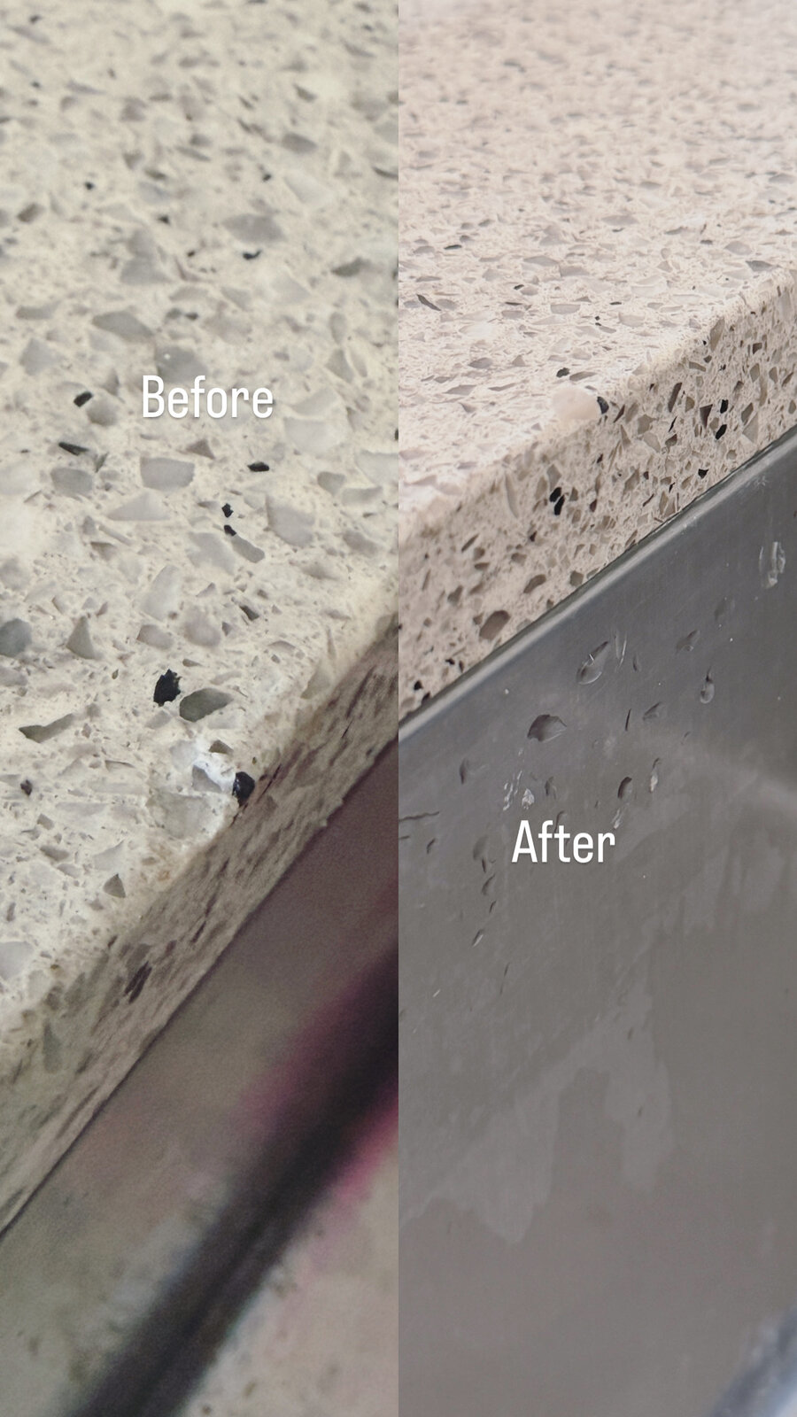 Real stone benchtop chip repair, before and after, Auckland